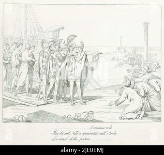 Napoleon und seine Armee marschiert in Ägypten ein, (...) L'animoso volo fin là sul Nilo a spaventar sull' Indo la Rival della patria(...) (Titel auf Objekt), Illustrationen zum Gedicht Pronea von Melchiore Cesarotti, eine Entschuldigung für Napoleon Bonaparte (Serientitel), La pronea del Cesarotti delineata ed incisa dal Matteini (Serientitel), darunter die Darstellung eines Verses in italienischer Sprache. Print ist Teil eines Albums., Druckerei: Teodoro Matteini, Verlag: Anonym, Druckerei: Italien, Verlag: Milaan, 1808, Papier, Radierung, Höhe 332 mm × Breite 382 mm Stockfoto