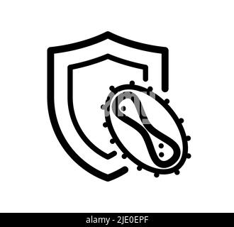 Konzept des Immunsystems. Hygienischer medizinischer schwarzer Schutz vor Monkeypox-Virus lineares Symbol. Humane Affenpocken Bakterien Zellinfektion Immunitätszeichen. MPV MPVX-Verteidigungssymbol. Vektor-eps Stock Vektor