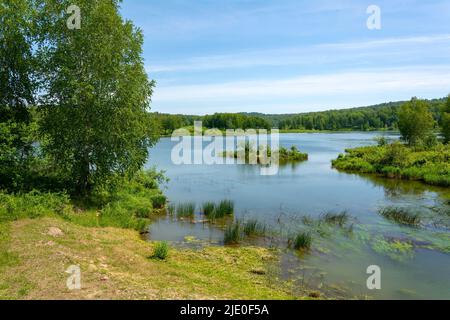 Malerischer Teich am Suenga-Fluss in der Region Nowosibirsk, Blick vom Damm Stockfoto