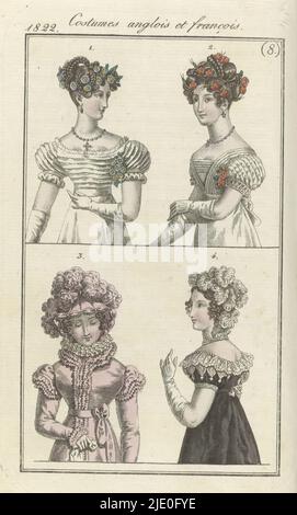 Journal des Dames et des Modes, Frankfurter Ausgabe 17 février 1822, Costumes anglois et François (8), im Begleittext ( S. 215-216) heißt es: Abb. 1-3: Französische Kostüme. Abb. 1: Frisur mit Chrysanthemen verziert. Gaze Ballkleid, das Mieder und Ärmel mit remplis verziert. Weiße Handschuhe. Abb. 2: Frisur mit kardinalen Blumen und goldenen Spitzen verziert. Kleid aus Tüll mit einer 'Corsage gallo-Grec' (Mieder). Weiße Handschuhe. Abb. 3: Krepphut, verziert mit Straußenfedern. Redingote von Gros de Naples, garniert mit einem Rüschen Crepe. Weiße Handschuhe. Abb. 4: Englische Mode. Frisur Stockfoto