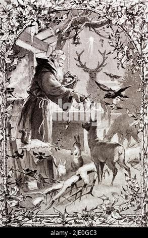 Einsiedeln Heiligabend, Weihnachten, alter Mann, Hirsch, Hase, Hirsch, Fütterung, Schnee, kalt, Winter, Glocke, Stern, historische Illustration 1895 Stockfoto