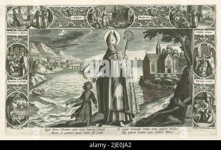 Augustinus und das Kind, Augustinus am Rande eines Sees mit Blick auf eine Stadt auf der linken Seite und eine Kirche auf der rechten Seite. Links von ihm schöpft ein Kind mit einem Löffel Wasser aus dem See in ein Loch im Boden. Rahmen mit Ornamenten und Szenen aus dem Leben des heiligen Augustinus. Von unten links nach unten rechts: Augustinus, der im Garten betet, Ambrosius, der Augustinus taufte, mit dem Schiff nach Afrika aufstieg, Augustinus unter den Werktätigen, Augustinus im Kloster, Augustinus, der zum Bischof geweiht wurde, Augustinus, der das Allerheiligste empfängt. Mit Bildunterschrift: Quid Deus ? ...Mens cohibere Deum?, pri Stockfoto