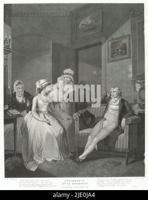Der junge Mann sieht erschrocken auf drei Frauen und ein Baby in einem Innenraum, L'Egarement et la Dissipation (Titel auf Objekt), mit einem sitzenden Mann, der nach seinem Kopf greift. Hinter ihm auf einem Tisch Karten spielen und würfeln. Zwei junge Frauen, eine mit einem Baby auf dem Arm, und eine ältere Frau, die mit einer Kerze und einem offenen Buch an einem Tisch sitzt, sehen ihn mit Alarm an. Laut dem Titel auf dem Objekt handelt es sich um die Folgen von Ablenkung und Ausschweifung., Druckerei: Jean Louis Darcis, (erwähnt auf dem Objekt), nach Malerei von: Henry Singleton, (erwähnt auf dem Objekt), Samuel Collings, (erwähnt auf Stockfoto