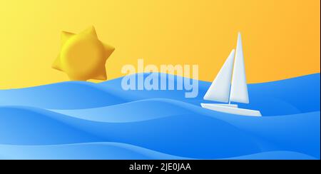 3D helle Illustration, blaues Meer mit Yacht und Sonne Stock Vektor