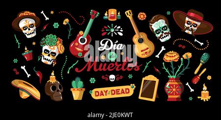Day of Dead Mexican horizontal Poster mit nationalen mexikanischen Zeichen und Titel in spanisch Dia de muertos Vektor-Illustration Stock Vektor