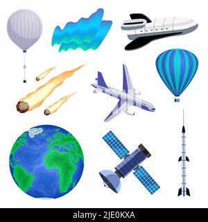 Planet Erde Atmosphäre leuchtendes Nordlicht aurora Phänomen Meteoroide Heißluftballon Flugzeug Raumschiff bunte Set Vektor Illustration Stock Vektor