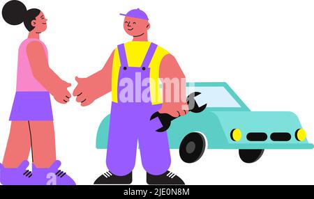 Lächelnde Frau schüttelte sich die Hände mit Mechaniker, nachdem sie ihre Auto flache Vektor-Illustration repariert hatte Stock Vektor