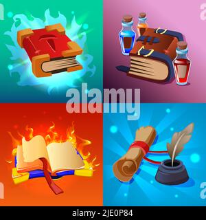 Magic Buch Cartoon Konzept Symbole mit Rollen und Tränke isoliert Vektor-Illustration gesetzt Stock Vektor