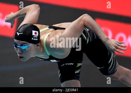 Budapest, Ungarn. 24.. Juni 2022. Die Japanerin Reona Aoki tritt bei den 50m Breaststroke Women Heats während der FINA 19. World Championships in der Duna Arena in Budapest (Ungarn) am 24.. Juni 2022 an. Reona Aoki platzierte sich auf 12.. Foto Andrea Staccioli/Deepbluemedia/Insidefoto Kredit: Insidefoto srl/Alamy Live News Stockfoto