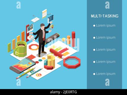 Führungskonzept isometrischer Hintergrund mit Textoptionsliste und menschlichen Zeichen mit Grafiken und Arbeitsplatzelementen Vektordarstellung Stock Vektor