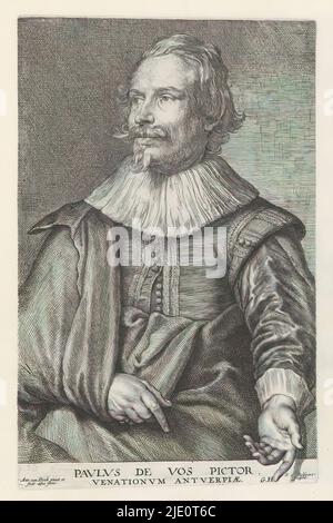 Porträt des Malers Paul de Vos, Icones Principum Vivorum Doctorum Pictorum Chalkographorum Statuariorum nec non Amatorum Pictoriae Artis Numero Centum ab Antonio van Dyck Pictore ad Vivum Expressae Eiusq: Sumptibus aeri incisae (Serientitel), Iconographie (Serientitel), dieser Druck ist Teil eines Albums., Druckerei: Anthony van Dyck, (auf Objekt erwähnt), Druckerei: Joannes Meyssens, Druckerei: Schelte Adamsz. Bolswert, (auf Objekt erwähnt), Antwerpen, 1630 - 1632 und/oder 1645 - 1646, Papier, Radierung, Gravur, Höhe 237 mm × Breite 153 mm Stockfoto