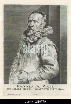 Porträt des Malers Hans de Wael, Icones Principum Vivorum Doctorum Pictorum Chalkographorum Statuariorum nec non Amatorum Pictoriae Artis Numero Centum ab Antonio van Dyck Pictore ad Vivum Expressae Eiusq: Sumptibus aeri incisae (Serientitel), Iconographie (Serientitel), dieser Druck ist Teil eines Albums., Druckerei: Anthony van Dyck, (auf Objekt erwähnt), Druckerei: Anonym, nach Zeichnung von: Anthony van Dyck, Antwerpen, 1630 - 1632 und/oder 1645 - 1646, Papier, Radierung, Gravur, Höhe 249 mm × Breite 177 mm Stockfoto