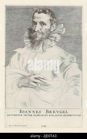 Portrait of Jan Brueghel the Elder, Icones Principum Vivorum Doctorum Pictorum Chalkographorum Statuariorum nec non Amatorum Pictoriae Artis Numero Centum ab Antonio van Dyck Pictore ad Vivum Expressae Eiusq: Sumptibus aeri incisae (Serientitel), Iconographie (Serientitel), dieser Druck ist Teil eines Albums., Druckerei: Anthony van Dyck, (auf Objekt erwähnt), Druckerei: Anonym, nach eigenem Entwurf von: Anthony van Dyck, (auf Objekt erwähnt), Antwerpen, 1630 - 1632 und/oder 1645 - 1646, Papier, Radierung, Gravur, Höhe 245 mm × Breite 156 mm Stockfoto