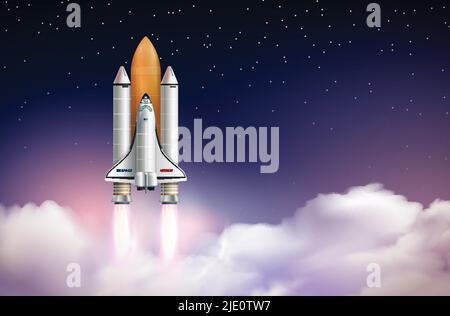 Raketenstartkomposition mit realistischer Landschaft über Wolken mit Sternen und Space Shuttle auf Trägerrakete Vektordarstellung Stock Vektor