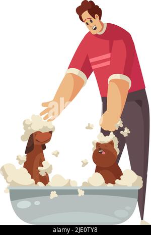 Mann waschen zwei glückliche Hunde in Becken Cartoon Vektor-Illustration Stock Vektor