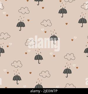Nahtloses Muster mit handgezeichneten Regenschirmen, Wolken und Tropfen. Struktur für Kinder. Ideal für Stoff, Textil-Vektor-Illustration Stock Vektor