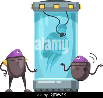 Zwei Aliens tragen Experiment auf Mann in Kapsel mit Wasser Cartoon-Vektor-Illustration Stock Vektor