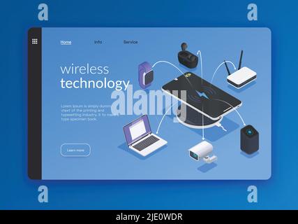 Wireless-Technologien isometrisches Banner oder Landing Page mit Links und mehr Informationen zur Vektordarstellung der Schaltflächen Stock Vektor