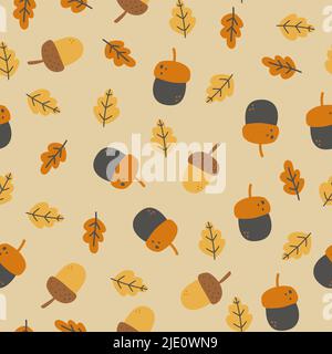 Nahtloses Muster mit Herbstblättern und Beeren. Farbenfrohe, sich wiederholende Hintergrundfarbe mit Eichenblättern und Eicheln zum Einwickeln von Papier. Flache Vektorgrafik Stock Vektor
