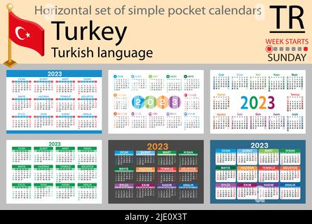 Türkischer horizontaler Taschenkalender für 2023 (zweitausend dreiundzwanzig). Die Woche beginnt am Sonntag. Neues Jahr. Farbe einfaches Design. Vektor Stock Vektor