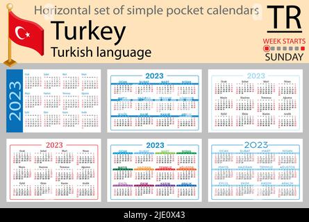 Türkischer horizontaler Taschenkalender für 2023 (zweitausend dreiundzwanzig). Die Woche beginnt am Sonntag. Neues Jahr. Farbe einfaches Design. Vektor Stock Vektor