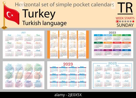 Türkischer horizontaler Taschenkalender für 2023 (zweitausend dreiundzwanzig). Die Woche beginnt am Sonntag. Neues Jahr. Farbe einfaches Design. Vektor Stock Vektor