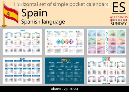Spanischer horizontaler Taschenkalender für 2023 (zweitausend dreiundzwanzig). Die Woche beginnt am Sonntag. Neues Jahr. Farbe einfaches Design. Vektor Stock Vektor