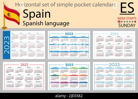 Spanischer horizontaler Taschenkalender für 2023 (zweitausend dreiundzwanzig). Die Woche beginnt am Sonntag. Neues Jahr. Farbe einfaches Design. Vektor Stock Vektor