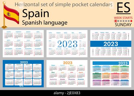 Spanischer horizontaler Taschenkalender für 2023 (zweitausend dreiundzwanzig). Die Woche beginnt am Sonntag. Neues Jahr. Farbe einfaches Design. Vektor Stock Vektor