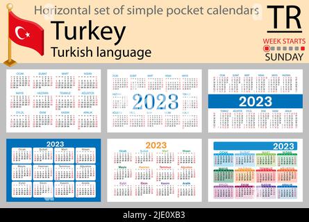 Türkischer horizontaler Taschenkalender für 2023 (zweitausend dreiundzwanzig). Die Woche beginnt am Sonntag. Neues Jahr. Farbe einfaches Design. Vektor Stock Vektor