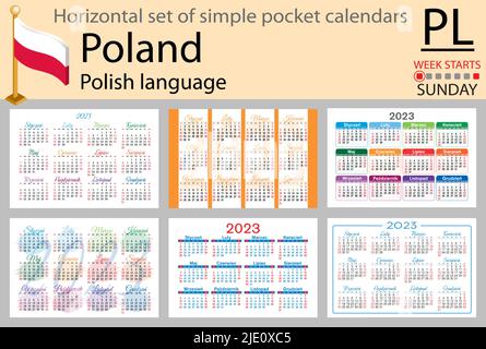 Polnischer horizontaler Taschenkalender für 2023 (zweitausend dreiundzwanzig). Die Woche beginnt am Sonntag. Neues Jahr. Farbe einfaches Design. Vektor Stock Vektor
