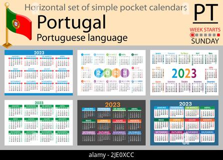 Portugiesischer horizontaler Taschenkalender für 2023 (zweitausend dreiundzwanzig). Die Woche beginnt am Sonntag. Neues Jahr. Farbe einfaches Design. Vektor Stock Vektor