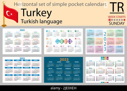 Türkischer horizontaler Taschenkalender für 2023 (zweitausend dreiundzwanzig). Die Woche beginnt am Sonntag. Neues Jahr. Farbe einfaches Design. Vektor Stock Vektor