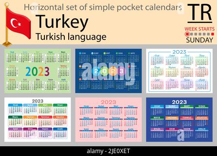 Türkischer horizontaler Taschenkalender für 2023 (zweitausend dreiundzwanzig). Die Woche beginnt am Sonntag. Neues Jahr. Farbe einfaches Design. Vektor Stock Vektor