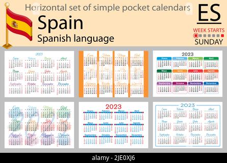 Spanischer horizontaler Taschenkalender für 2023 (zweitausend dreiundzwanzig). Die Woche beginnt am Sonntag. Neues Jahr. Farbe einfaches Design. Vektor Stock Vektor
