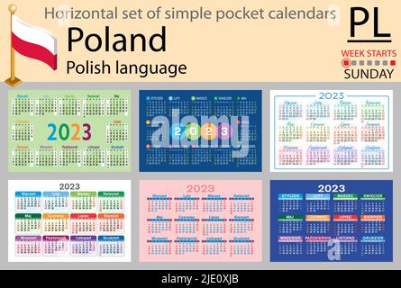 Polnischer horizontaler Taschenkalender für 2023 (zweitausend dreiundzwanzig). Die Woche beginnt am Sonntag. Neues Jahr. Farbe einfaches Design. Vektor Stock Vektor