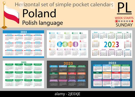 Polnischer horizontaler Taschenkalender für 2023 (zweitausend dreiundzwanzig). Die Woche beginnt am Sonntag. Neues Jahr. Farbe einfaches Design. Vektor Stock Vektor