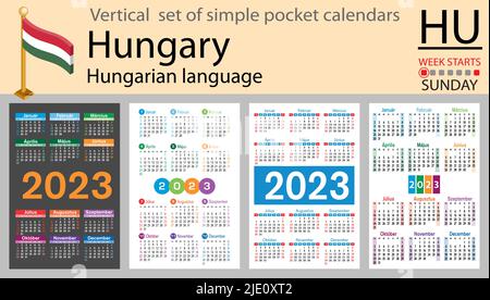Ungarischer vertikaler Taschenkalender für 2023 (zweitausend dreiundzwanzig). Die Woche beginnt am Sonntag. Neues Jahr. Farbe einfaches Design. Vektor Stock Vektor