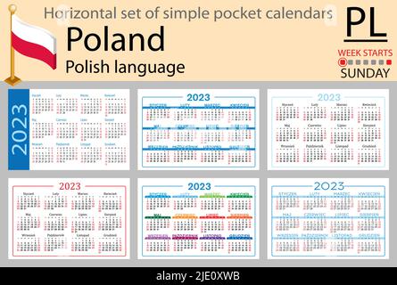 Polnischer horizontaler Taschenkalender für 2023 (zweitausend dreiundzwanzig). Die Woche beginnt am Sonntag. Neues Jahr. Farbe einfaches Design. Vektor Stock Vektor
