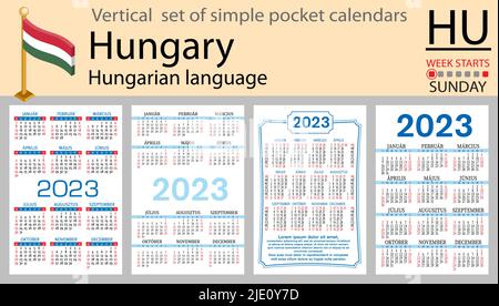 Ungarischer vertikaler Taschenkalender für 2023 (zweitausend dreiundzwanzig). Die Woche beginnt am Sonntag. Neues Jahr. Farbe einfaches Design. Vektor Stock Vektor