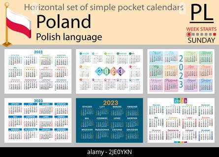 Polnischer horizontaler Taschenkalender für 2023 (zweitausend dreiundzwanzig). Die Woche beginnt am Sonntag. Neues Jahr. Farbe einfaches Design. Vektor Stock Vektor