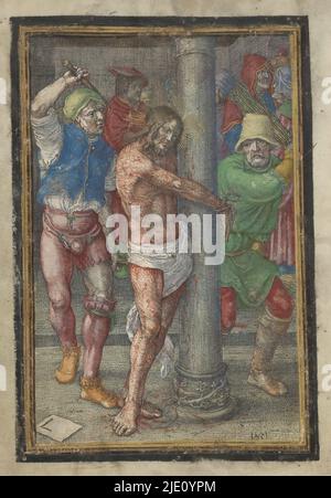 Auspeitschung, Passion of Christ (Serientitel), Christus wird an eine Säule gebunden und von zwei Männern mit Peitsche und Rute ausgepeitscht. Dieser Druck ist Teil eines handschriftlichen Gebetsbuches., Druckerei: Lucas van Leyden, (auf Objekt erwähnt), nach eigenem Entwurf von: Lucas van Leyden, Leiden, 1521, Papier, Gravur, Höhe 149 mm × Breite 105 mm Stockfoto