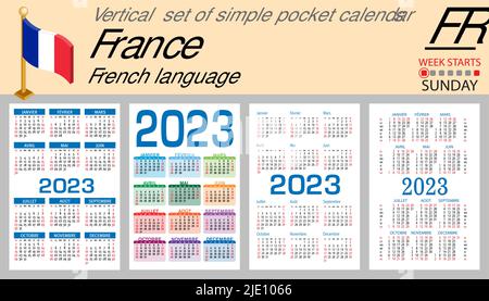 Französischer vertikaler Taschenkalender für 2023 (zweitausend dreiundzwanzig). Die Woche beginnt am Sonntag. Neues Jahr. Farbe einfaches Design. Vektor Stock Vektor