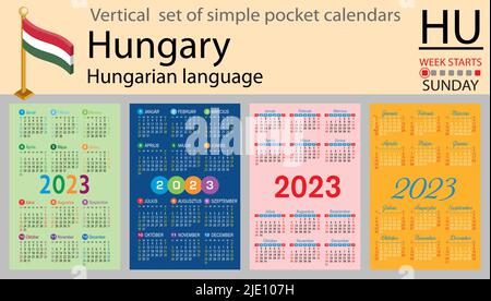 Ungarischer vertikaler Taschenkalender für 2023 (zweitausend dreiundzwanzig). Die Woche beginnt am Sonntag. Neues Jahr. Farbe einfaches Design. Vektor Stock Vektor