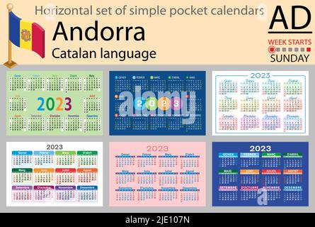 Katalanischer horizontaler Taschenkalender für 2023 (zweitausend dreiundzwanzig). Die Woche beginnt am Sonntag. Neues Jahr. Farbe einfaches Design. Vektor Stock Vektor