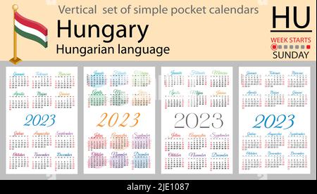 Ungarischer vertikaler Taschenkalender für 2023 (zweitausend dreiundzwanzig). Die Woche beginnt am Sonntag. Neues Jahr. Farbe einfaches Design. Vektor Stock Vektor