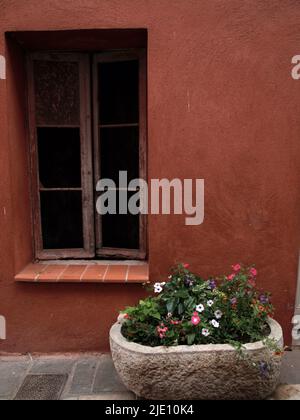 Ein altes, gebrochenes, verlasses Fenster in einer mattroten Wand, die kleine bunte Blume in einem Steinpflanzentopf vor der Tür, die den ganzen Blick sehr idyllisch macht Stockfoto