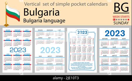 Bulgarischer vertikaler Taschenkalender für 2023 (zweitausend dreiundzwanzig). Die Woche beginnt am Sonntag. Neues Jahr. Farbe einfaches Design. Vektor Stock Vektor
