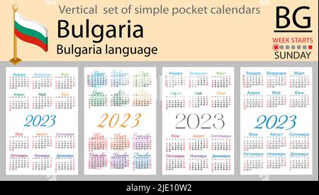 Bulgarischer vertikaler Taschenkalender für 2023 (zweitausend dreiundzwanzig). Die Woche beginnt am Sonntag. Neues Jahr. Farbe einfaches Design. Vektor Stock Vektor