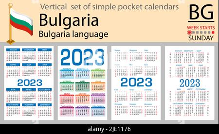 Bulgarischer vertikaler Taschenkalender für 2023 (zweitausend dreiundzwanzig). Die Woche beginnt am Sonntag. Neues Jahr. Farbe einfaches Design. Vektor Stock Vektor